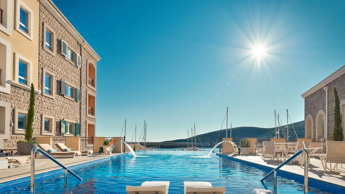 The Chedi Luštica Bay pool overlooking the marina